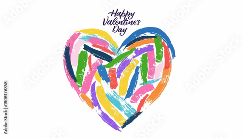 Happy Valentine's Day Heart Illustration with Colorful Brush Strokes and Text
