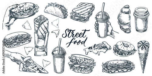 A diverse collection of hand-drawn illustrations showcasing various popular street food items, perfect for culinary themes