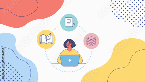 Woman learning online with laptop and icons of book screen and stack surrounded by colorful abstract shapes