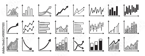Collection of Hand-Drawn Business Growth Charts and Financial Trend Graphs Illustrating Success and Progress