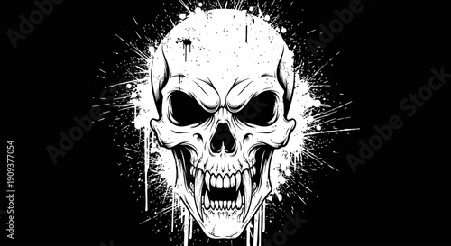 Artistic representation of a human skull with bold white paint splatters against a stark black background, evoking a gothic or rebellious aesthetic