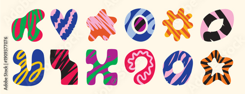 A playful collection of abstract colorful shapes and patterns, perfect for graphic design elements and artistic creations