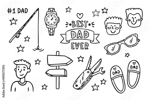 Hand-drawn doodle icons celebrating fatherhood Best Dad Ever, fishing rod, watch, sunglasses, multi-tool, and slippers