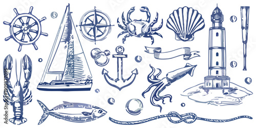 Vintage Hand-Drawn Nautical Elements Collection Sailboat, Lighthouse, Anchor, and Sea Creatures for Maritime Design and Ocean Adventure Themes