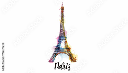 Illustrated Eiffel Tower with Paris Text in Colorful Style tu ai