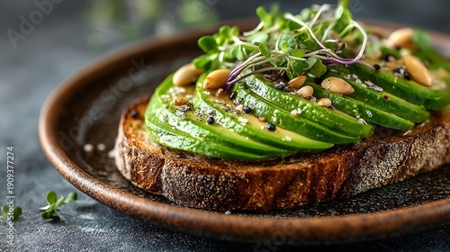 Artisanal avocado toast on thick sourdough bread features perfectly fanned avocado slices, pine nuts, and microgreens on a ceramic plate.