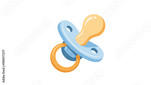 Classic blue baby pacifier with a yellow ring and nipple shown at an angle against a minimalist white background illustration.