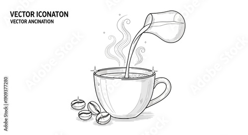 Pouring Coffee into Cup with Beans, Hand-Drawn Sketch Style