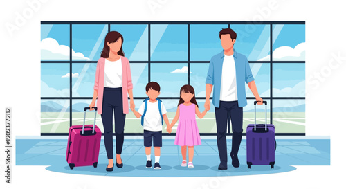 Family walking with luggage at airport terminal with large windows
