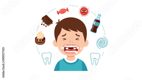 Crying young boy experiencing severe toothache and dental pain caused by eating sugary candy, chocolate, and drinking soda drinks.