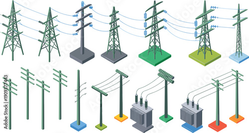 Isometric electrical transmission towers and transformer illustration set, power grid infrastructure diagram, engineering technical energy distribution drawing