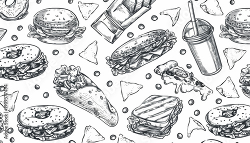 A seamless pattern illustration of assorted fast foods including burgers, fries, donuts, and a drink.