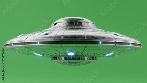 Futuristic Silver UFO Flying Saucer with Blue Lights on Green Screen