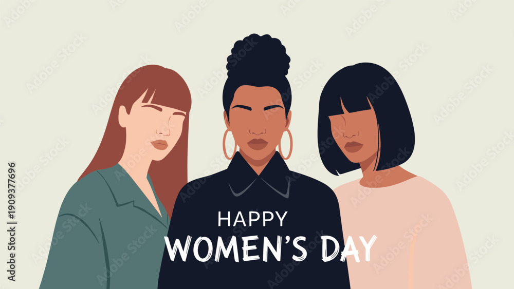 Fototapeta premium Happy Women's Day greeting card featuring three diverse women standing together in a minimalist flat design style.