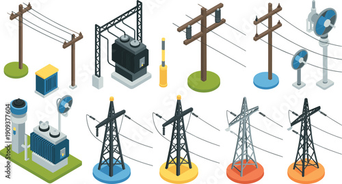 Isometric electrical transmission towers illustration set, overhead power lines infrastructure diagram, utility engineering technical energy distribution drawing