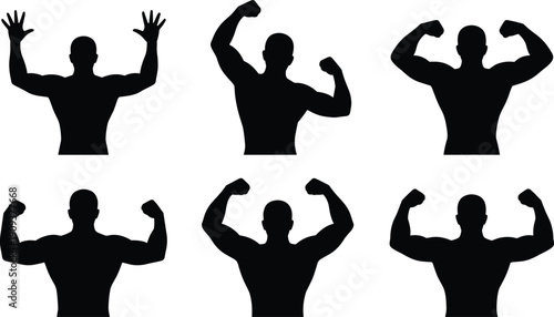 Muscular bodybuilder silhouette set, strong man flexing biceps and arms in different poses, fitness gym workout black vector illustration isolated on white background