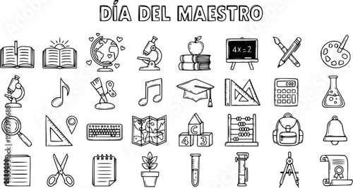 Education and School Supplies Hand-Drawn Black and White Line Art Icons Set for Teacher's Day. Learning and Academic Objects Doodle Collection.