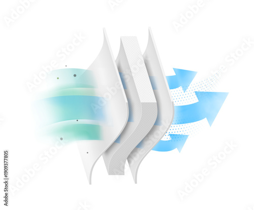 Three wavy layers with arrow for presentation breathable materials, airflow, air exchange. Vector illustration isolated on white background. Great infographic for your fabric, fiber, material. EPS10.