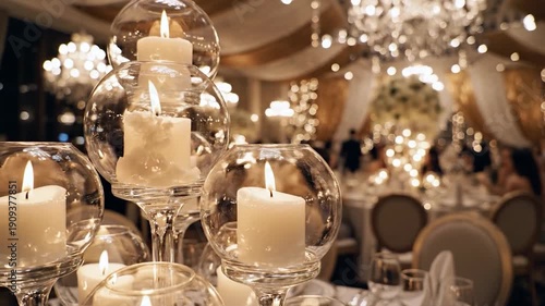 Elegant white candles in glass holders illuminate a luxurious event setting.