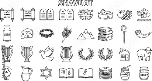 Shavuot Jewish Holiday Outline Line Art Icons Set. Doodle Collection of Religious Symbols, Food, and Harvest Elements for Judaism Celebration.