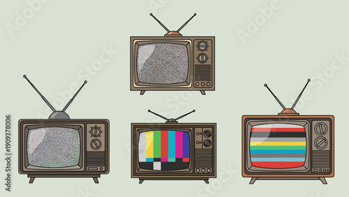Set of vintage retro television sets with old fashioned designs featuring static noise and test pattern color bars on their screens.