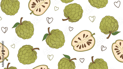 Seamless pattern design with delicious custard apples and small green hearts scattered across a plain white background.