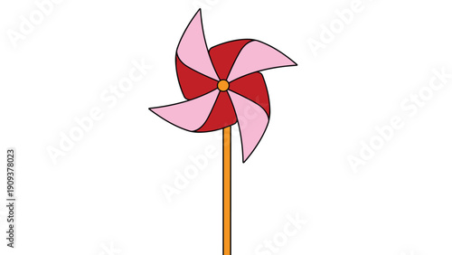 Colorful pink and red toy pinwheel on a wooden stick isolated on a white background for childhood outdoor play and fun concept.