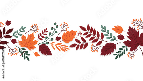 Horizontal border decoration made of various autumn leaves in shades of orange, red, and green with delicate berry branches.