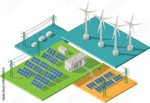Isometric renewable energy grid illustration with wind turbines, solar farms, substations, transmission infrastructure, sustainable smart power network concept design