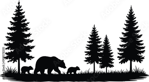 Bear family silhouette, forest vector art, wildlife illustration, cubs and mother bear, conifer trees design, nature scene, outdoor habitat, animals