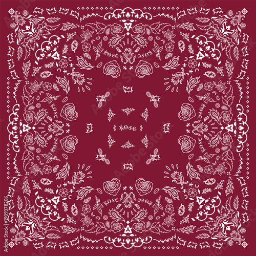 Red bandana Print. Roses paisley bandana bandana Scarf Face Head Wrap. pattern Art rose floral flower thorns leaves square pattern design