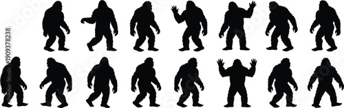 Bigfoot silhouettes collection, Sasquatch icon set, cryptid creature illustration, mysterious humanoid vector, forest legend design, mythical beast artwork, wilderness folklore concept