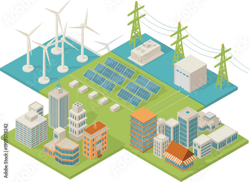 Isometric renewable smart city illustration featuring wind turbines, solar panels, power grid infrastructure, sustainable urban energy ecosystem concept design