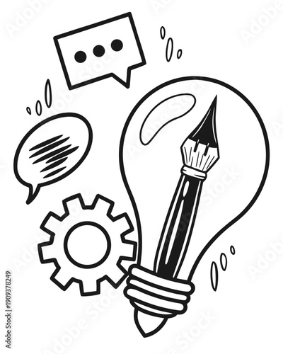 Light bulb with pen nib and speech bubbles representing creativity and communication idea