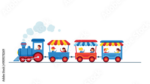 Colorful toy steam engine train pulling passenger cars filled with happy children traveling together on a sunny day.