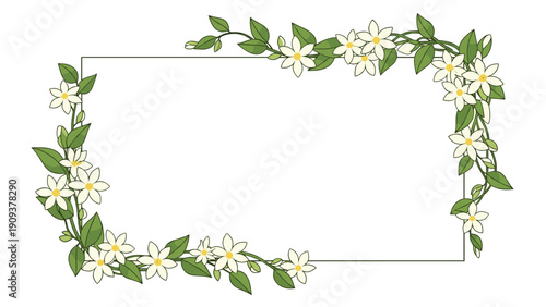 Elegant rectangular floral frame decorated with delicate white flowers and green vines for wedding or greeting card design.