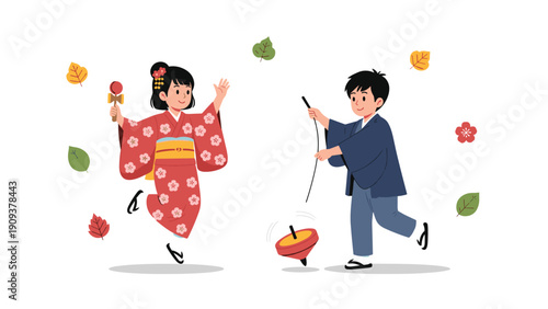 Children dressed in traditional Japanese clothing playing with a kendama and a spinning top among falling autumn maple leaves.
