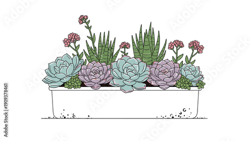 Long rectangular white planter filled with a variety of green and purple succulent plants with delicate pink flower stems.