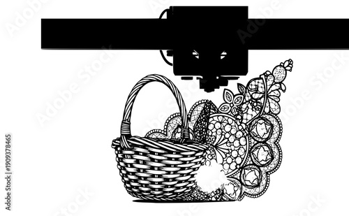 3D printer weaving wicker basket silhouette, digital craft and ai necromancy technology concept, fusion of modern tech and traditional artisan vector