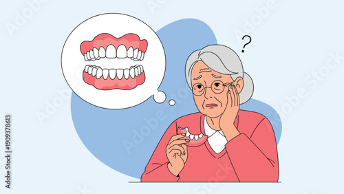 Elderly woman looking at her dentures with a confused and worried expression thinking about dental problems and tooth loss.