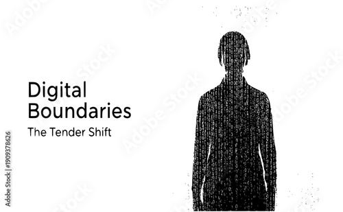 Person behind binary code curtain silhouette, data privacy and digital boundaries concept, cybersecurity and personal information protection vector