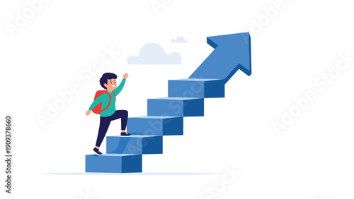 Ambitious student with a red backpack walking up blue arrow shaped stairs representing personal growth and academic success.