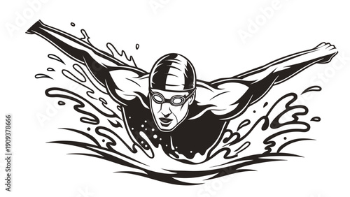 Male swimmer performing butterfly stroke in black and white oval illustration swimming