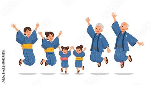 Multi-generational Japanese family wearing matching blue yukatas jumping together in celebration and extreme holiday happiness.