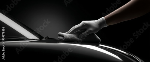 Close-up of hand wearing glove polishing shiny black car surface with microfiber cloth in dark studio environment