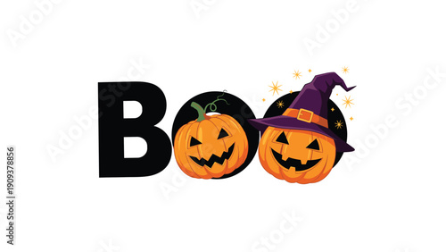 Halloween greeting text BOO with two happy jack o lanterns where one is wearing a purple witch hat with sparkles.