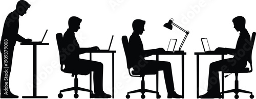 Office worker silhouette set, businessman using laptop computer at desk in different working poses, black vector illustration collection isolated on white background