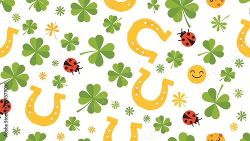 Seamless good luck pattern with green four leaf clovers, golden horseshoes, ladybugs, and smiling face emojis on a white background.