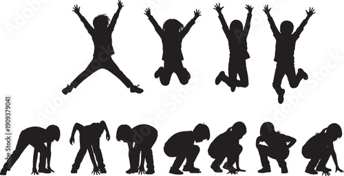 Black silhouettes of children in playful jumping and crouching poses, representing energy, motion, childhood activity, physical exercise, and dynamic movement illustration concept