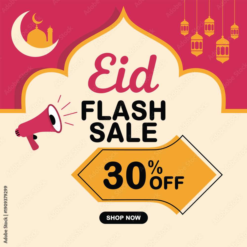 Fototapeta premium Eid flash sale banner with megaphone and lanterns
